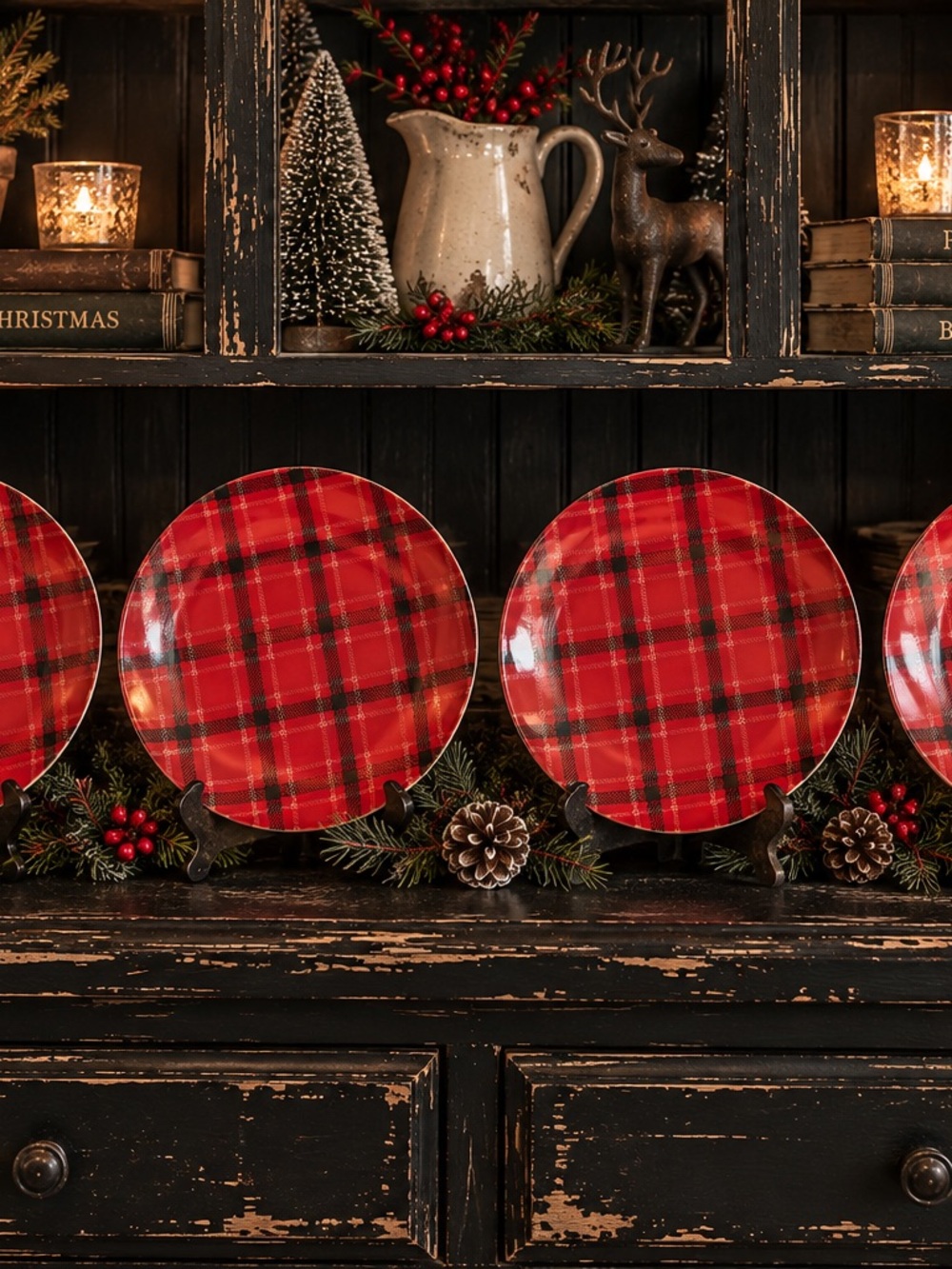 Set of four Festive Red Plaid Holiday Dinner Plate - Classic Christmas Pattern